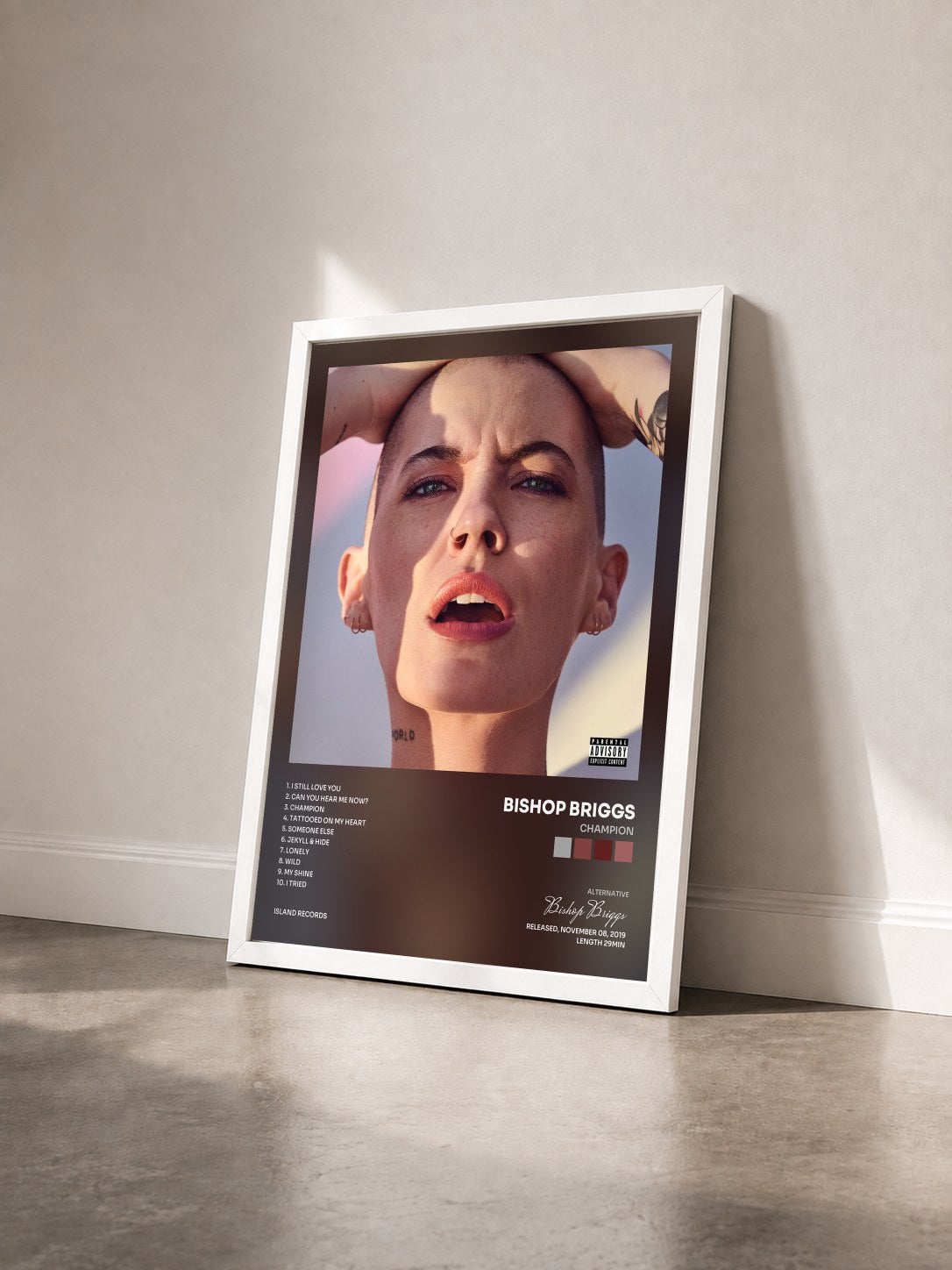 #blanc Tableau de l'album CHAMPION de Bishop Briggs vu de trois quarts, cadre blanc