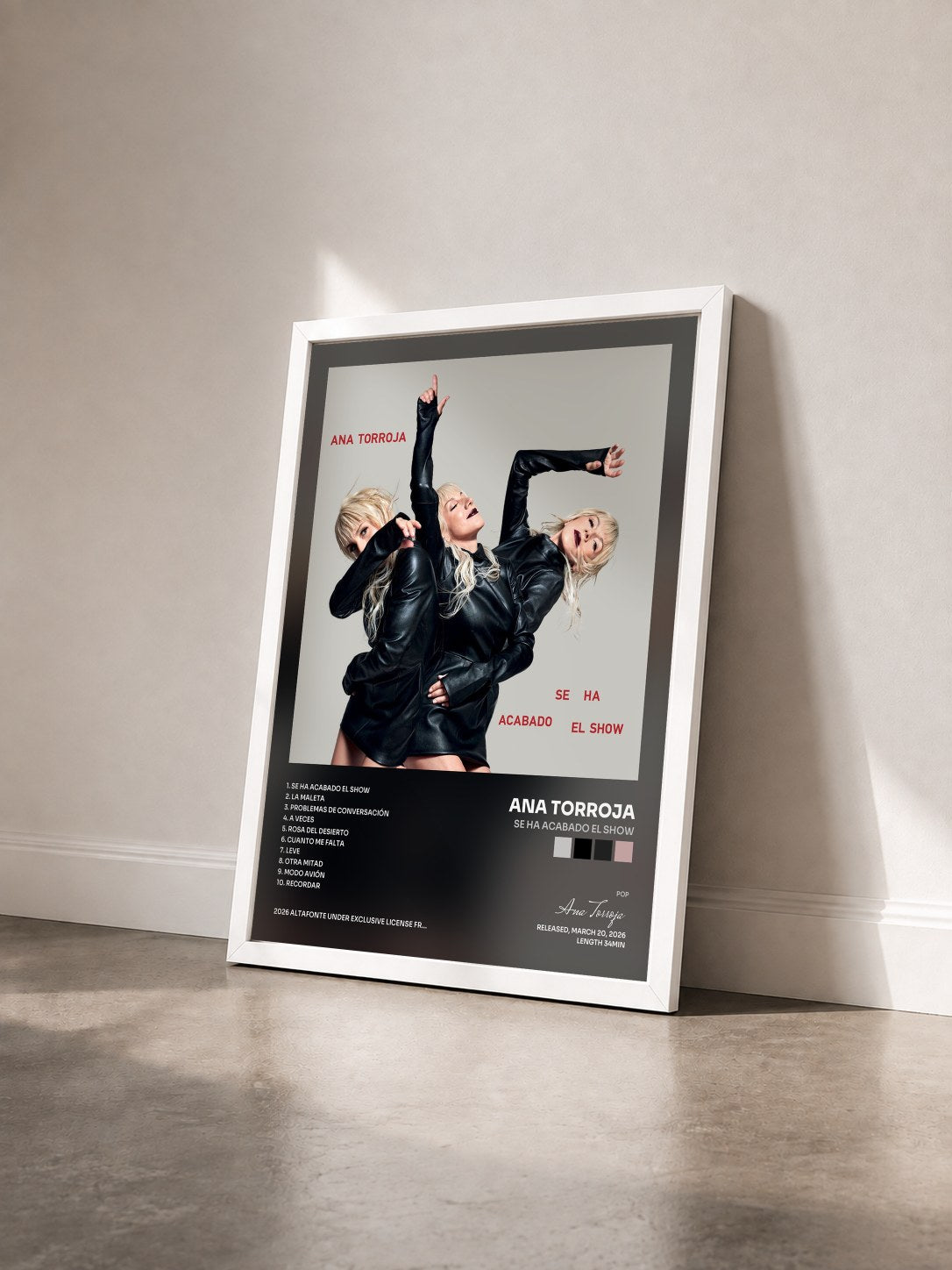 #blanc Tableau de l'album Se Ha Acabado El Show de Ana Torroja vu de trois quarts, cadre blanc