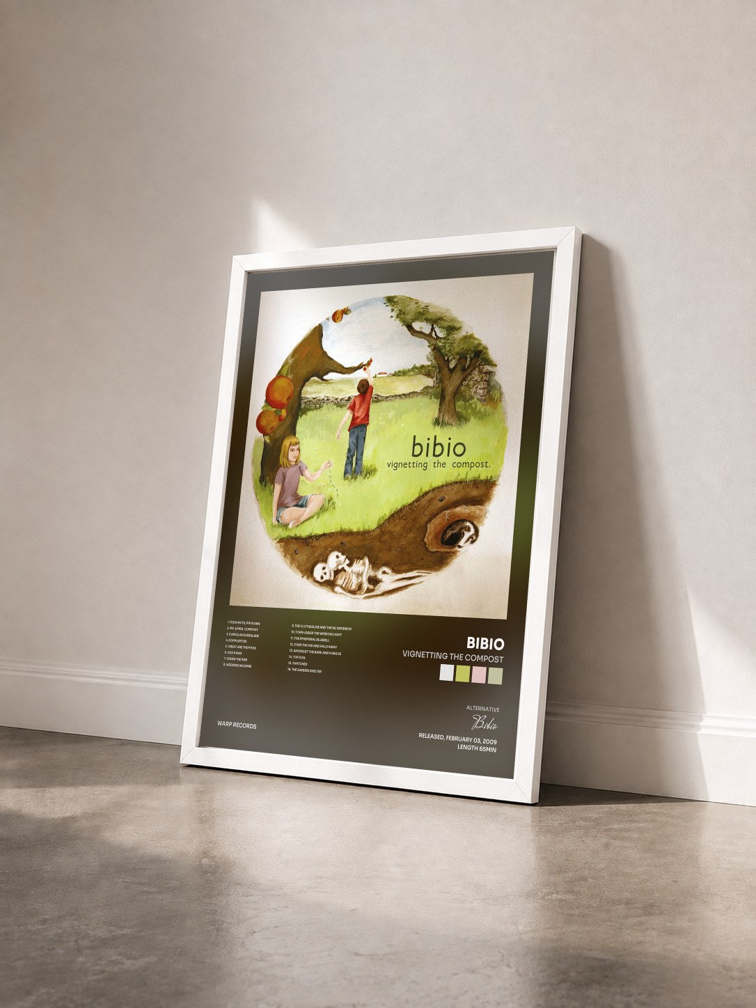 #blanc Tableau de l'album Vignetting The Compost de Bibio vu de trois quarts, cadre blanc