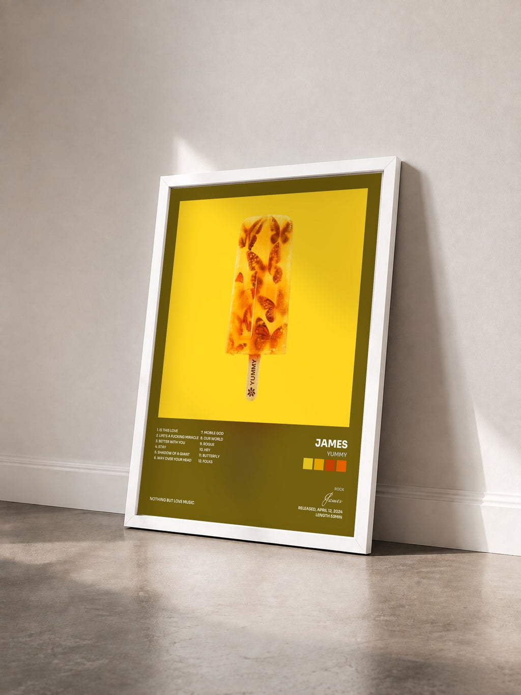 #blanc Yummy by James as a framed art print seen at an angle, white frame