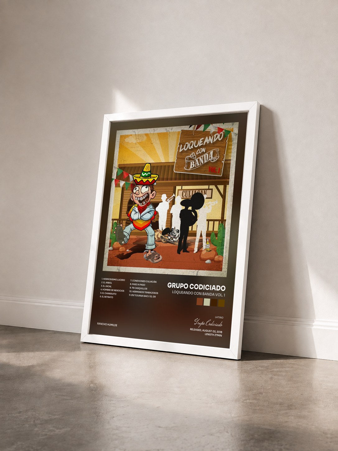 #blanc Tableau de l'album Loqueando Con Banda Vol. 1 de Grupo Codiciado vu de trois quarts, cadre blanc