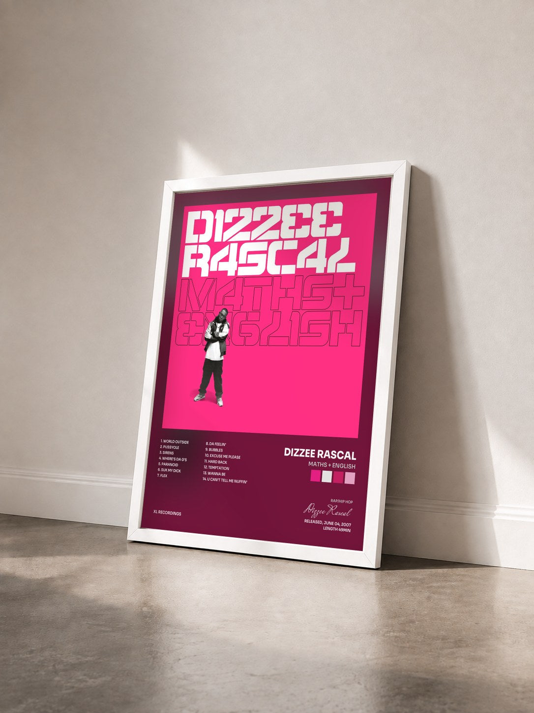 #blanc Tableau de l'album Maths + English de Dizzee Rascal vu de trois quarts, cadre blanc