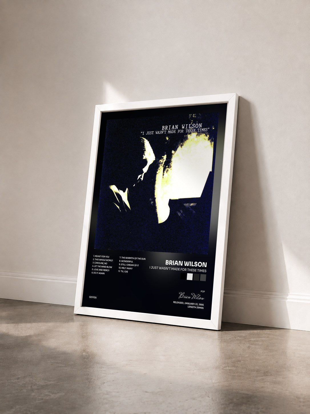 #blanc Tableau de l'album I Just Wasn't Made For These Times de Brian Wilson vu de trois quarts, cadre blanc