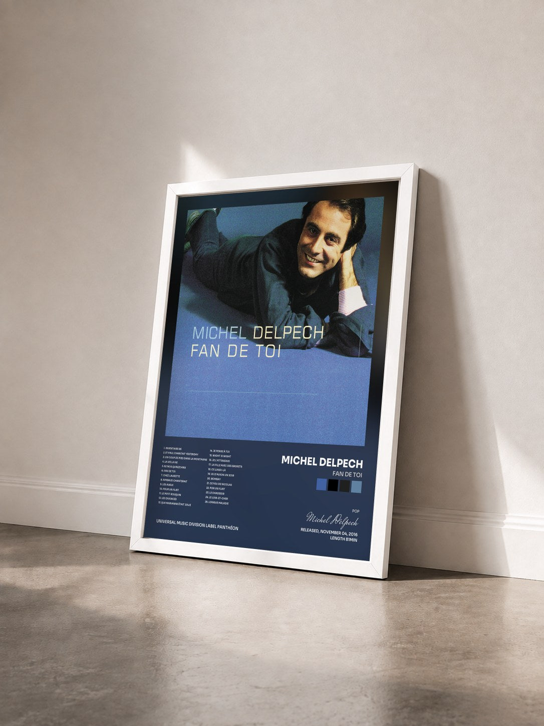 #blanc Tableau de l'album Fan de toi de Michel Delpech vu de trois quarts, cadre blanc