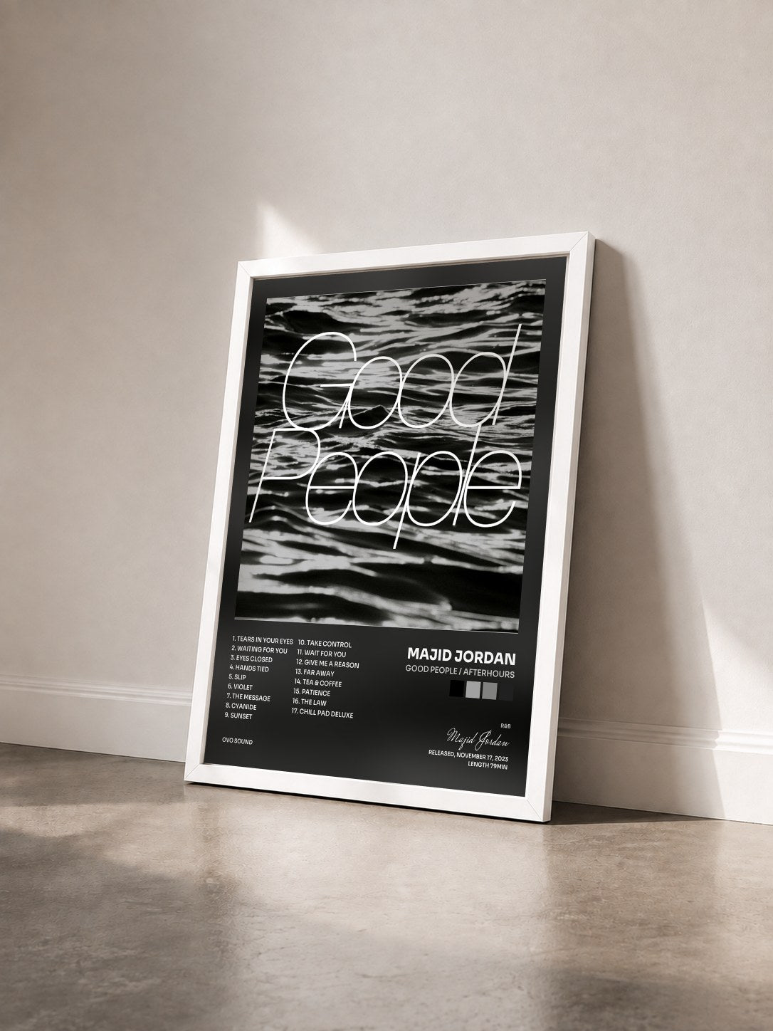 #blanc Tableau de l'album Good People / Afterhours de Majid Jordan vu de trois quarts, cadre blanc