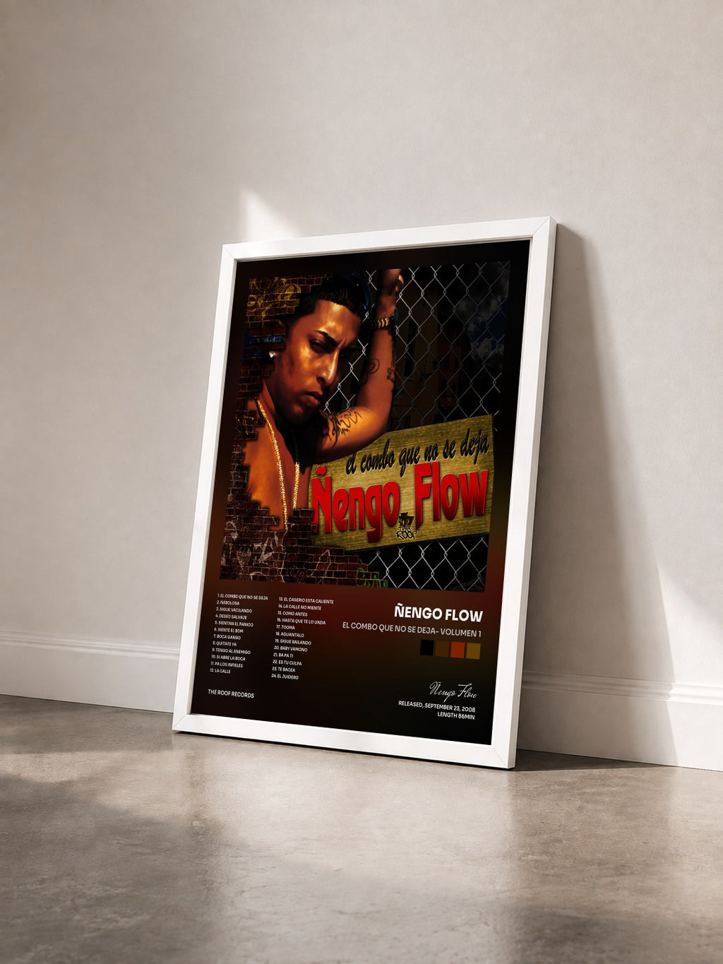 #blanc Tableau de l'album El Combo Que No Se Deja- Volumen 1 de Ñengo Flow vu de trois quarts, cadre blanc