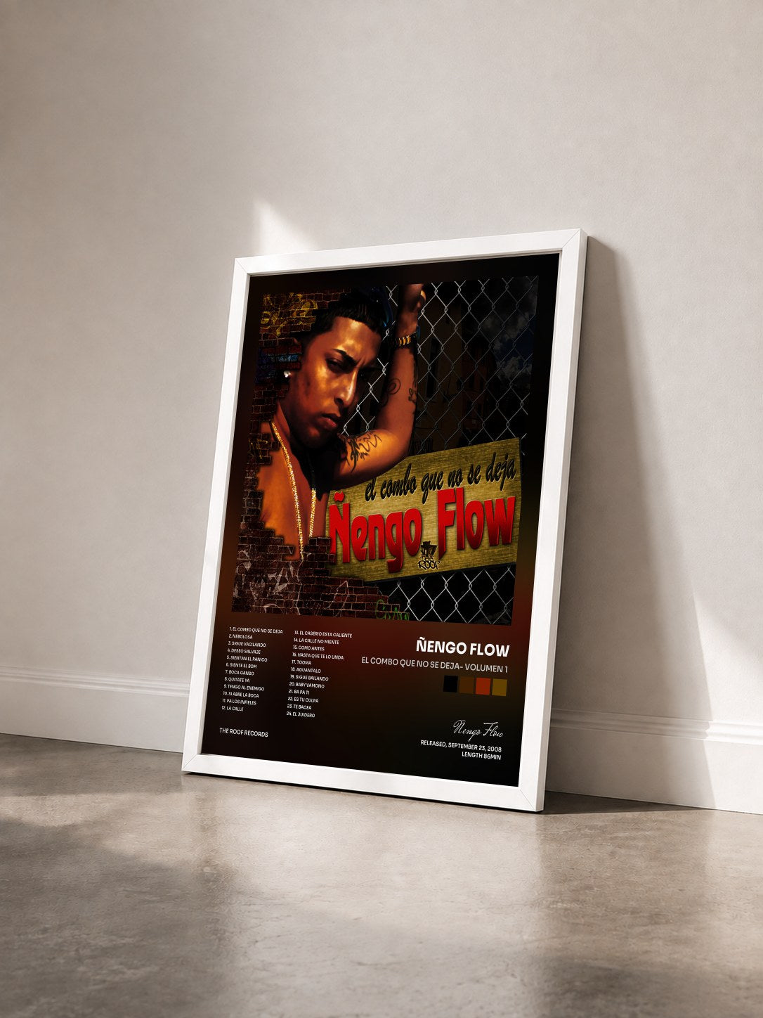 #blanc Tableau de l'album El Combo Que No Se Deja- Volumen 1 de Ñengo Flow vu de trois quarts, cadre blanc