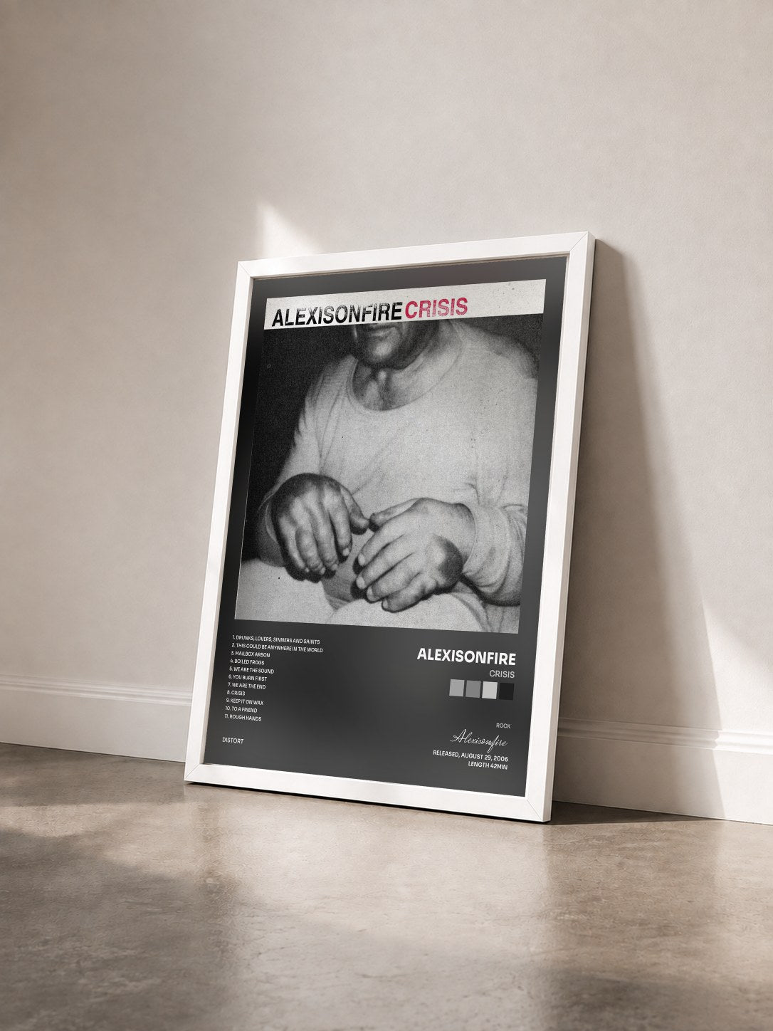 #blanc Tableau de l'album Crisis de Alexisonfire vu de trois quarts, cadre blanc