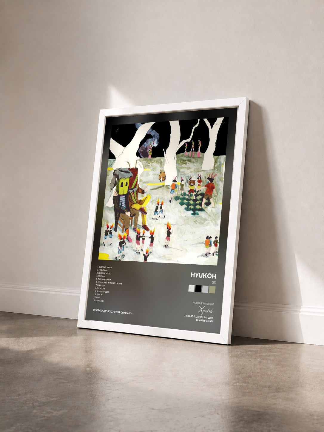 #blanc Tableau de l'album 23 de Hyukoh vu de trois quarts, cadre blanc