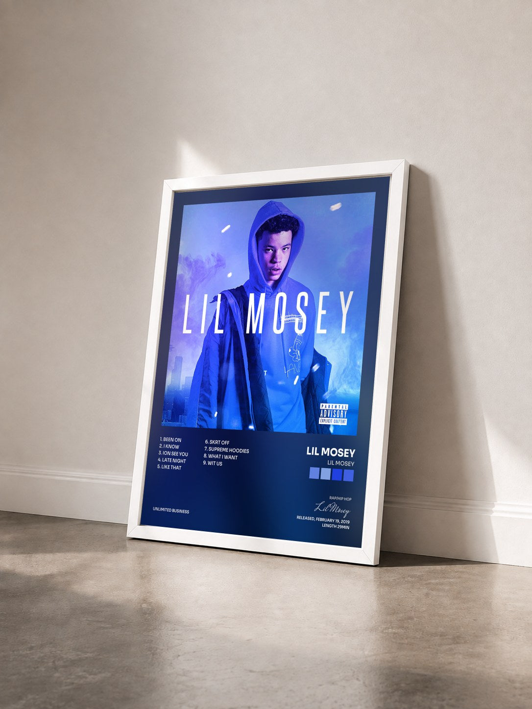 #blanc Tableau de l'album Lil Mosey de Lil Mosey vu de trois quarts, cadre blanc