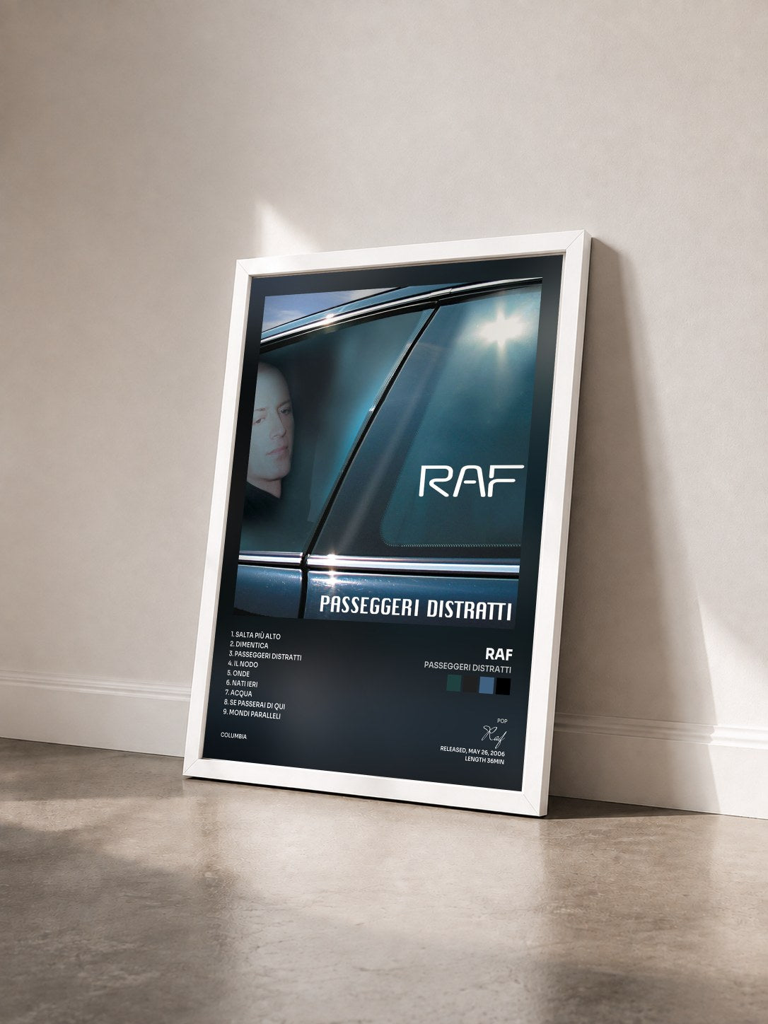 #blanc Tableau de l'album Passeggeri Distratti de Raf vu de trois quarts, cadre blanc