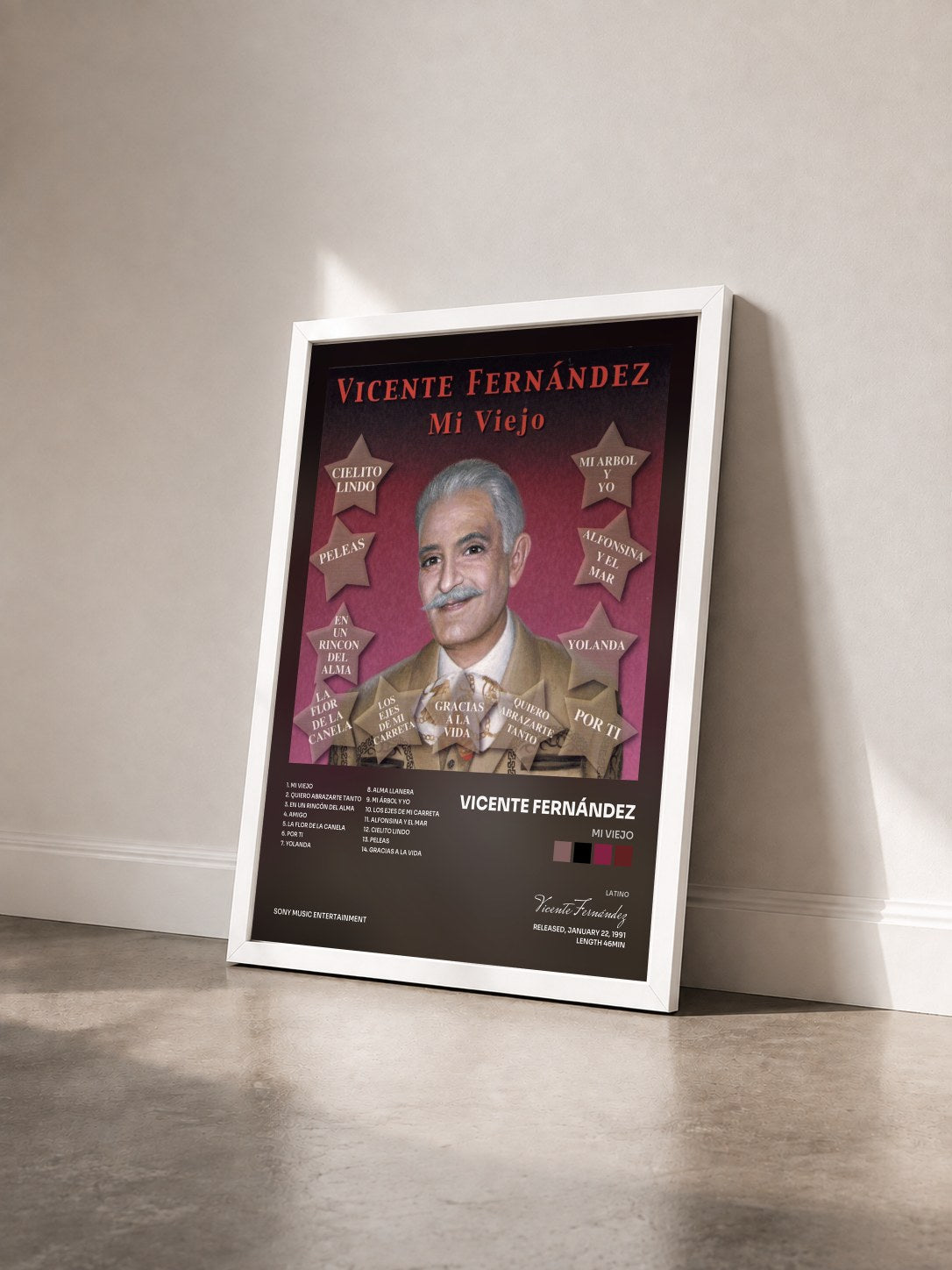 #blanc Tableau de l'album Mi Viejo de Vicente Fernández vu de trois quarts, cadre blanc