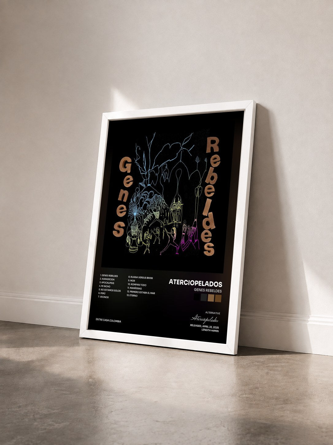 #blanc Tableau de l'album Genes Rebeldes de Aterciopelados vu de trois quarts, cadre blanc