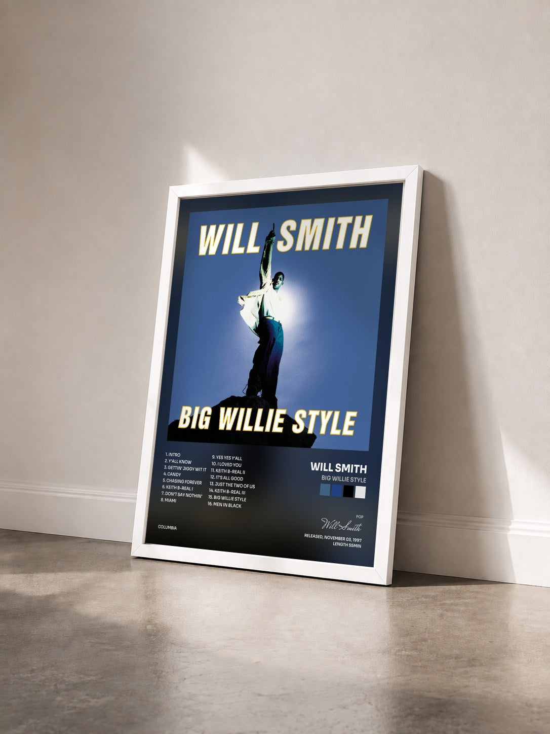 #blanc Tableau de l'album Big Willie Style de Will Smith vu de trois quarts, cadre blanc