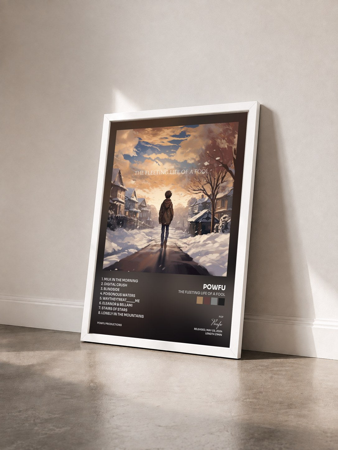 #blanc Tableau de l'album the fleeting life of a fool de Powfu vu de trois quarts, cadre blanc