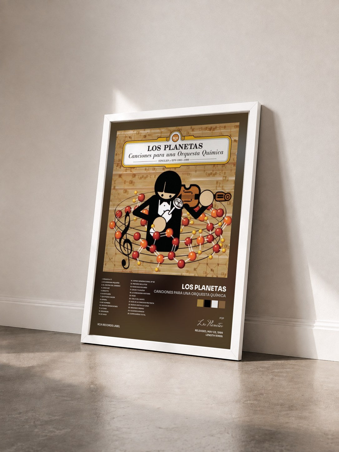 #blanc Tableau de l'album Canciones para una Orquesta Química de Los Planetas vu de trois quarts, cadre blanc