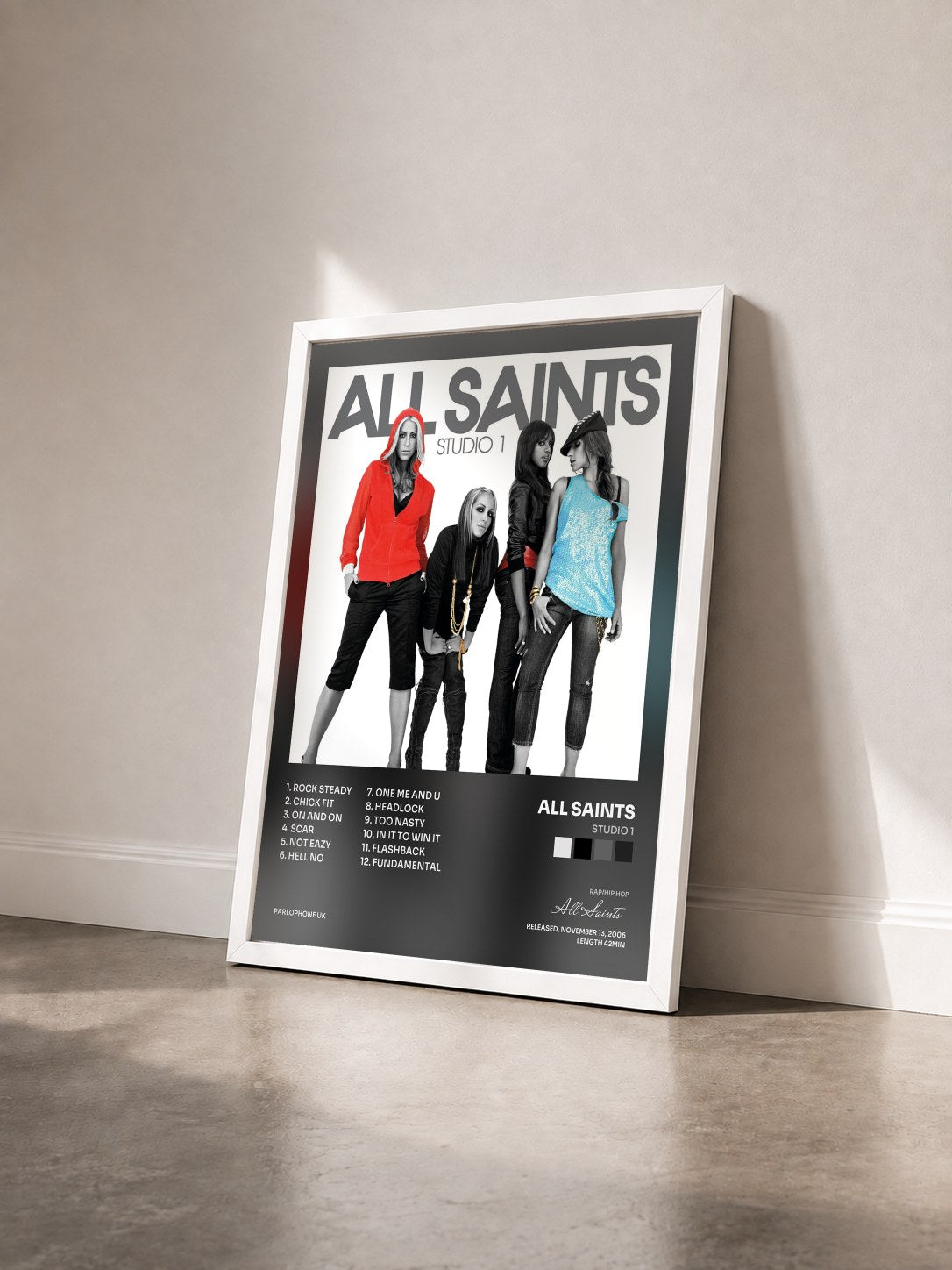 #blanc Tableau de l'album Studio 1 de All Saints vu de trois quarts, cadre blanc