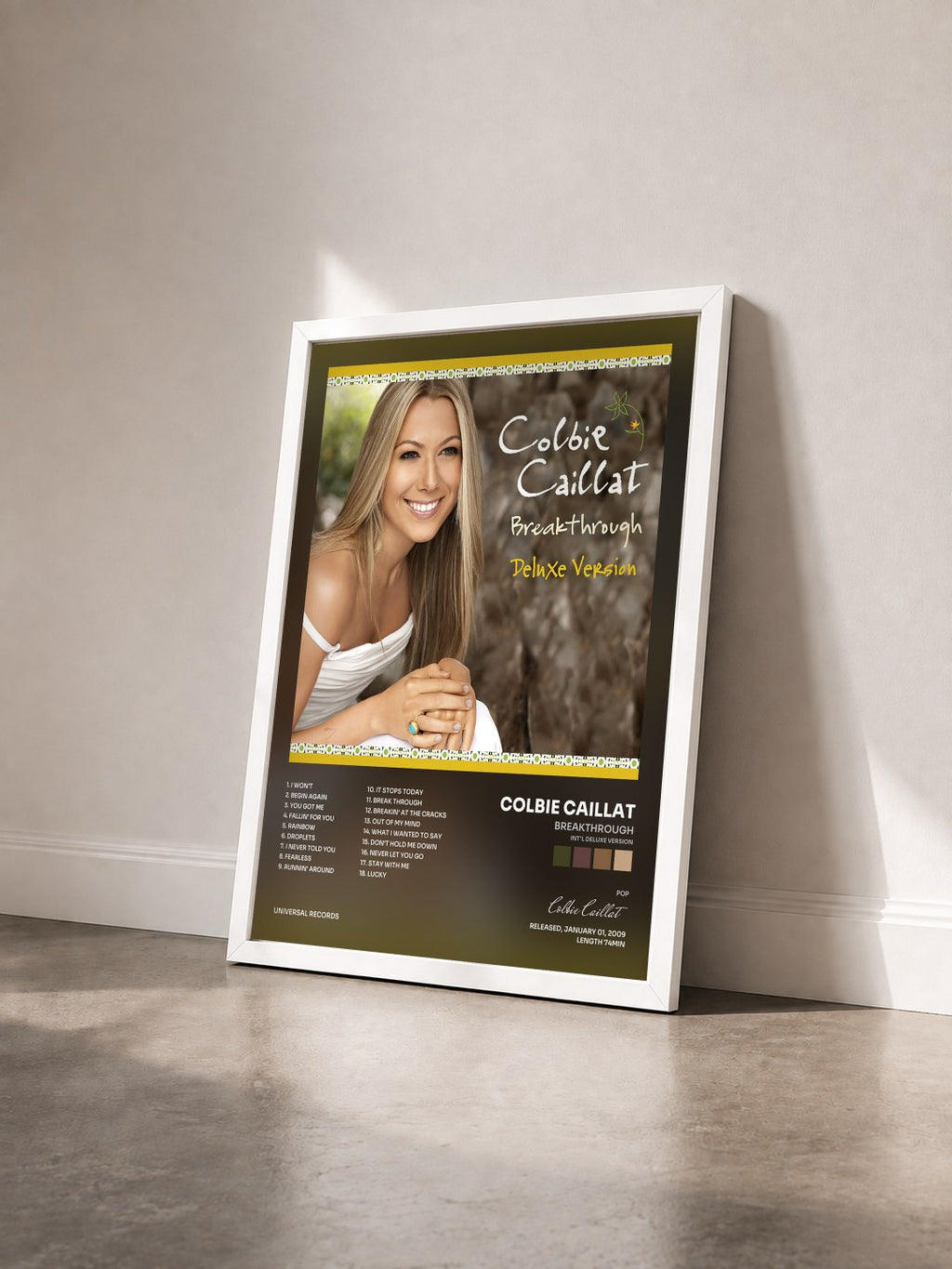 #blanc Tableau de l'album Breakthrough (Int'l Deluxe Version) de Colbie Caillat vu de trois quarts, cadre blanc