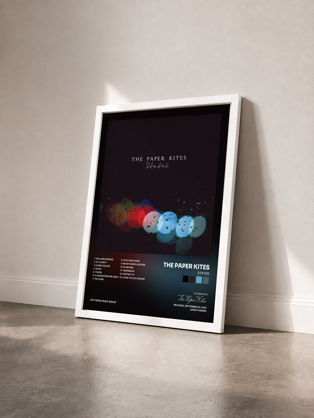 #blanc Tableau de l'album States de The Paper Kites vu de trois quarts, cadre blanc