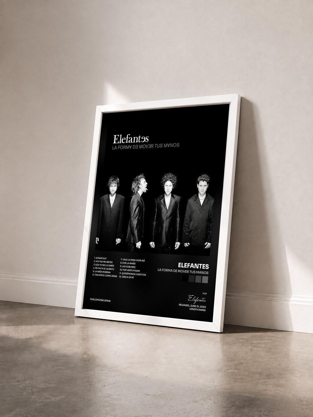 #blanc Tableau de l'album La forma de mover tus manos de Elefantes vu de trois quarts, cadre blanc