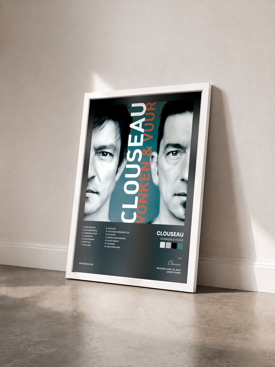 #blanc Tableau de l'album Vonken & Vuur de Clouseau vu de trois quarts, cadre blanc