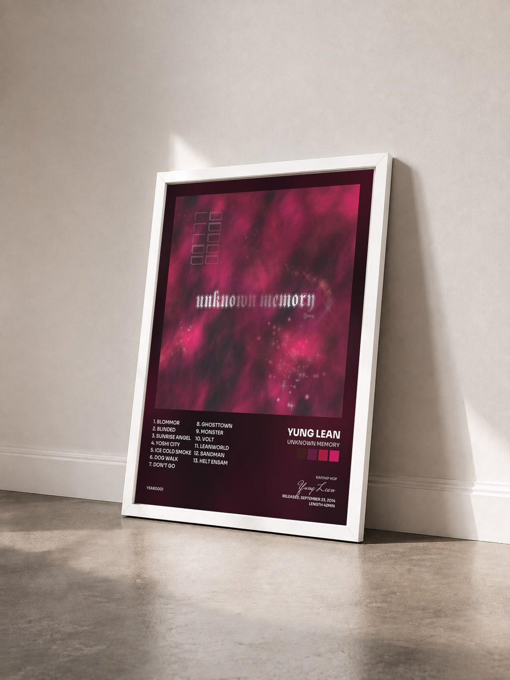 #blanc Unknown Memory by Yung Lean as a framed art print seen at an angle, white frame