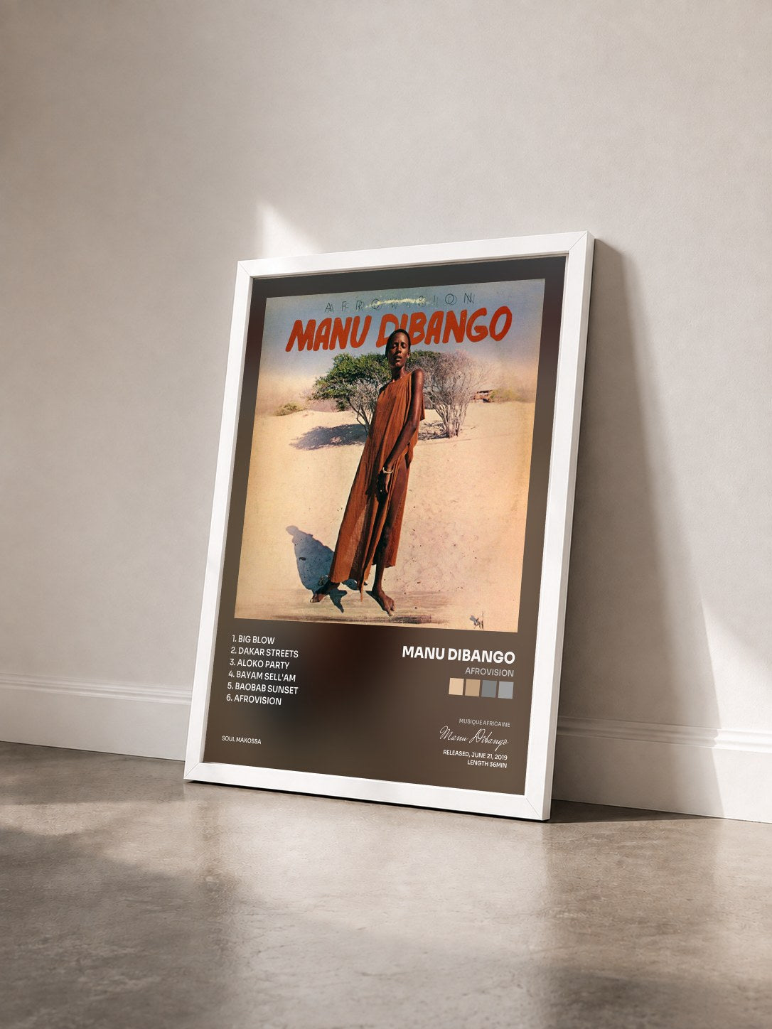 #blanc Tableau de l'album Afrovision de Manu Dibango vu de trois quarts, cadre blanc