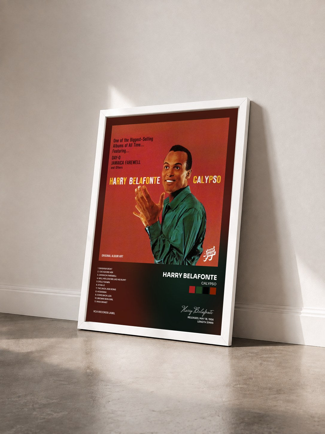 #blanc Tableau de l'album Calypso de Harry Belafonte vu de trois quarts, cadre blanc