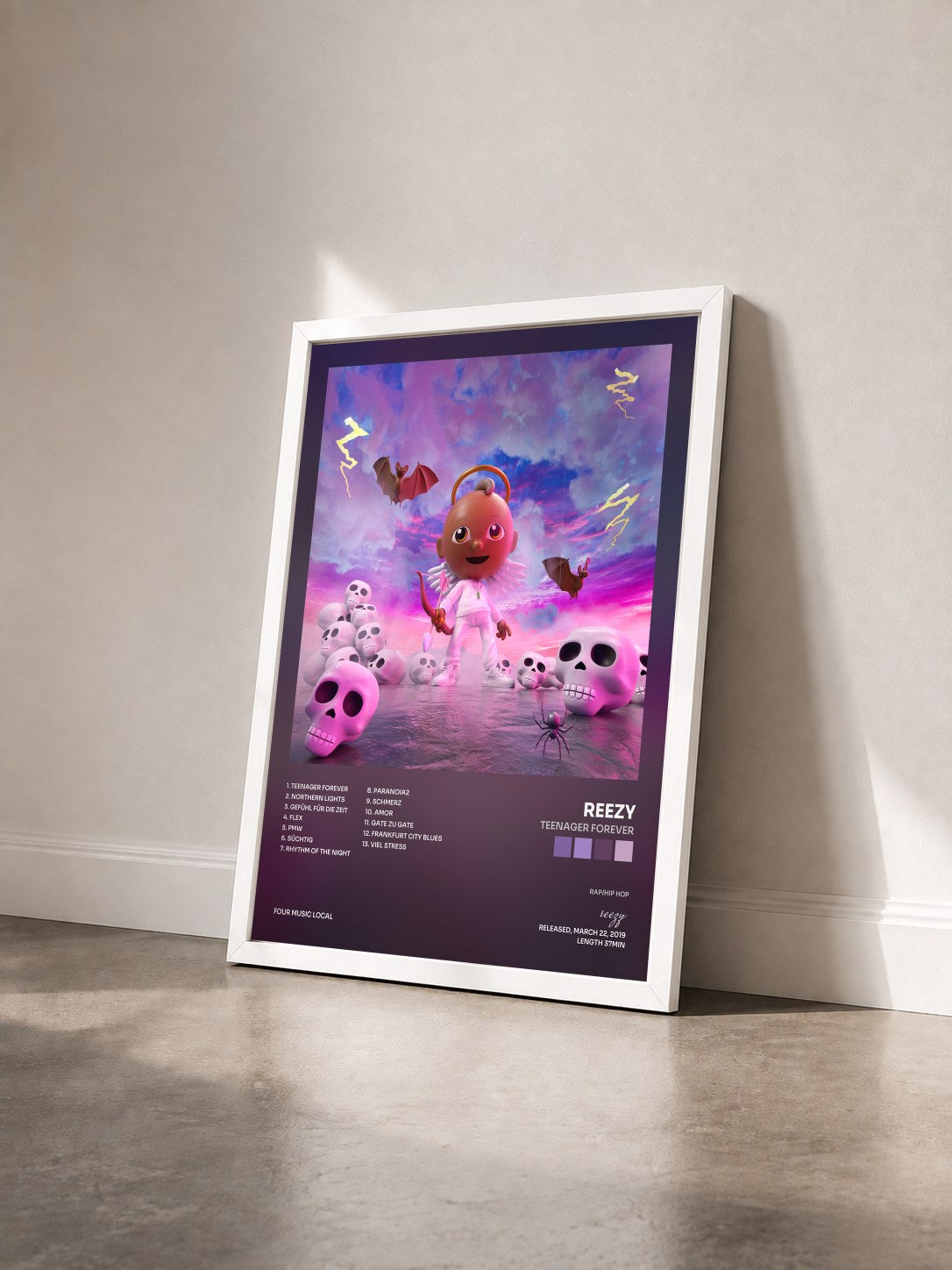 #blanc Tableau de l'album TEENAGER FOREVER de reezy vu de trois quarts, cadre blanc