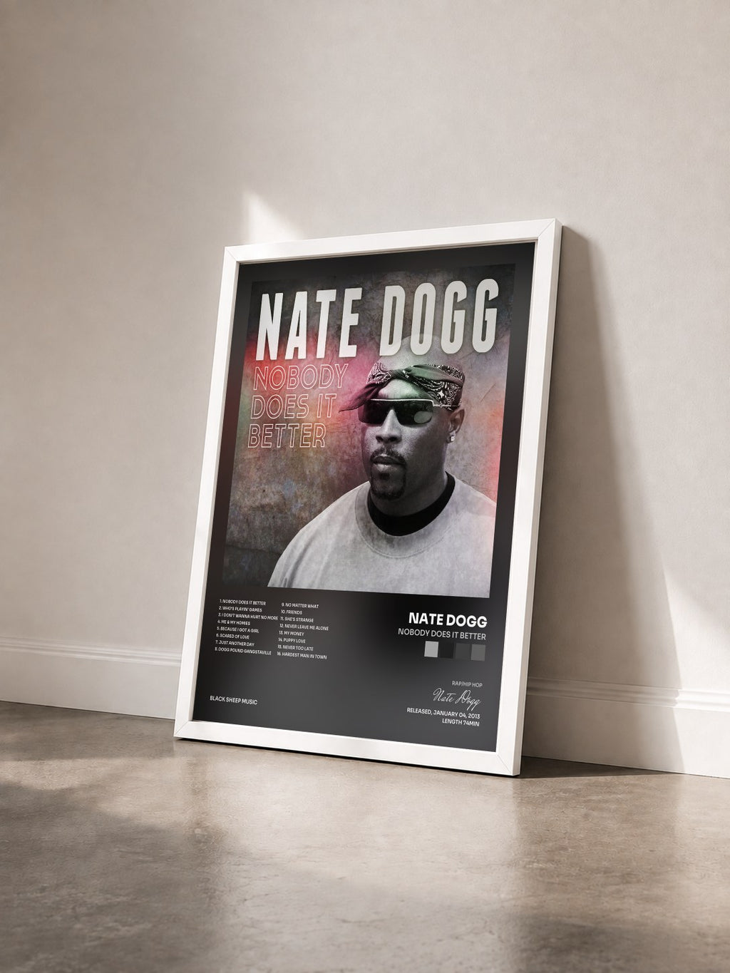 #blanc Tableau de l'album Nobody Does It Better de Nate Dogg vu de trois quarts, cadre blanc
