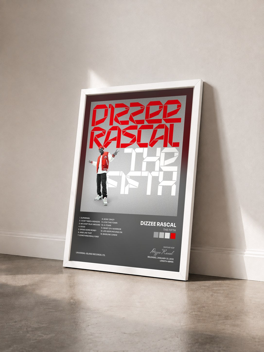 #blanc Tableau de l'album The Fifth de Dizzee Rascal vu de trois quarts, cadre blanc