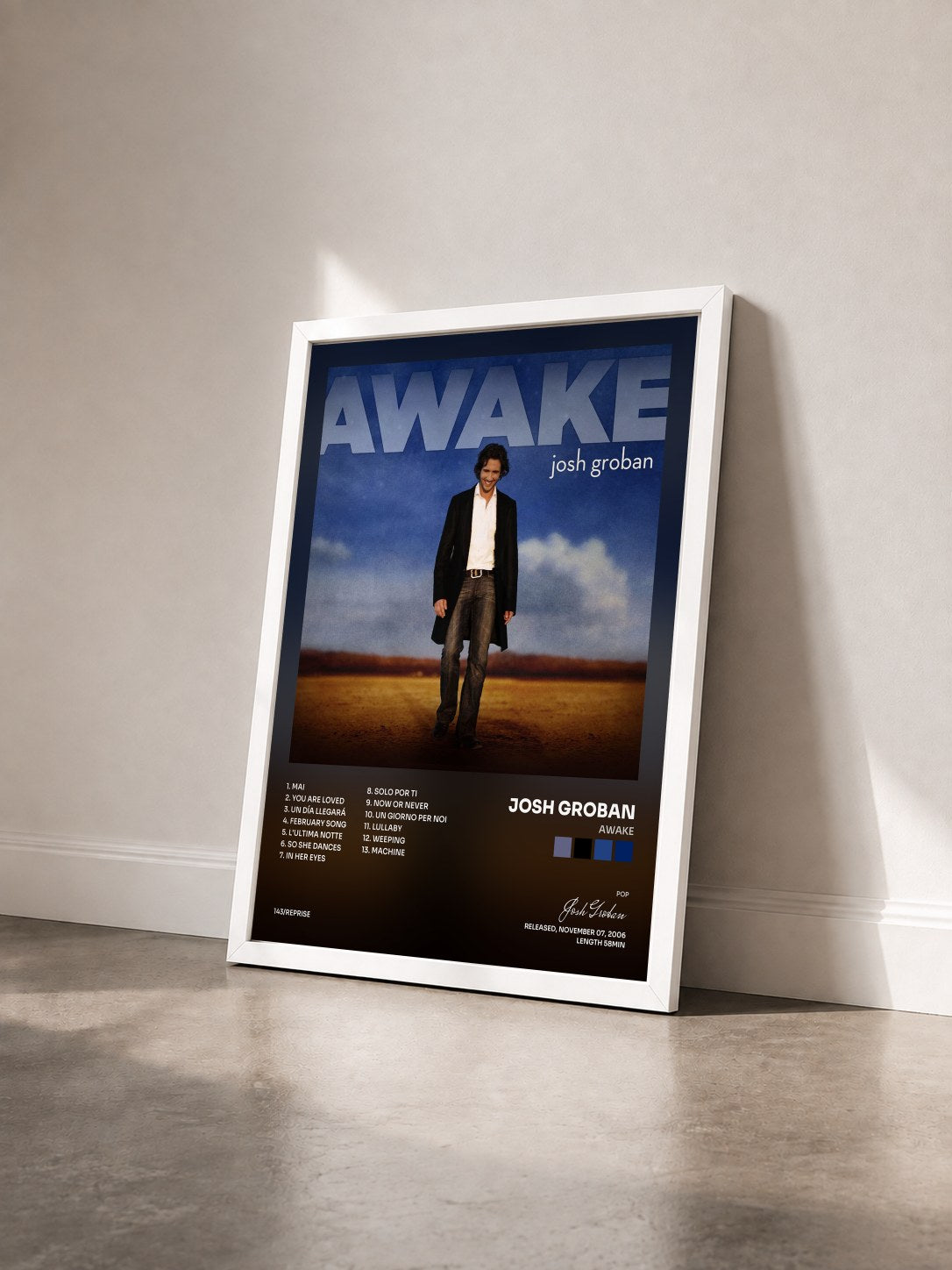 #blanc Tableau de l'album Awake de Josh Groban vu de trois quarts, cadre blanc