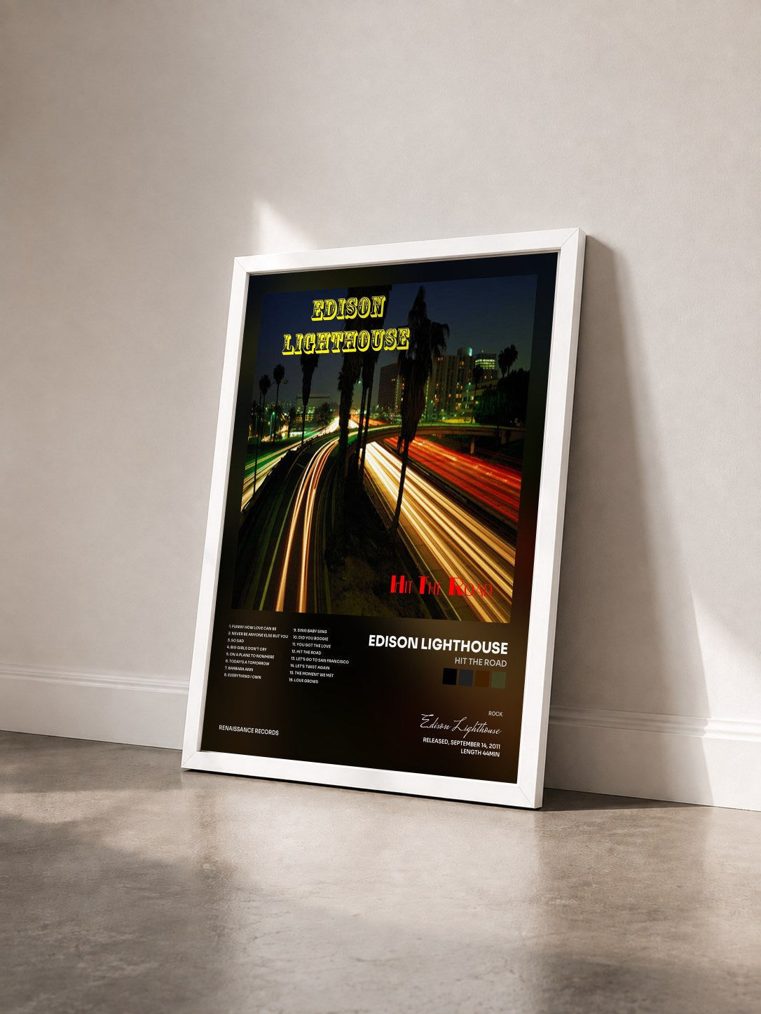 #blanc Tableau de l'album Hit the Road de Edison Lighthouse vu de trois quarts, cadre blanc