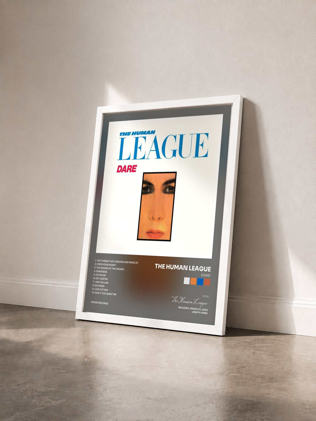 #blanc Tableau de l'album Dare! de The Human League vu de trois quarts, cadre blanc