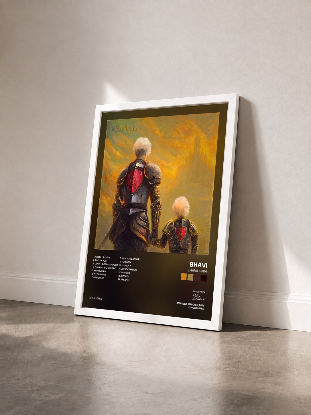 #blanc Tableau de l'album BHAVILONIA de Bhavi vu de trois quarts, cadre blanc