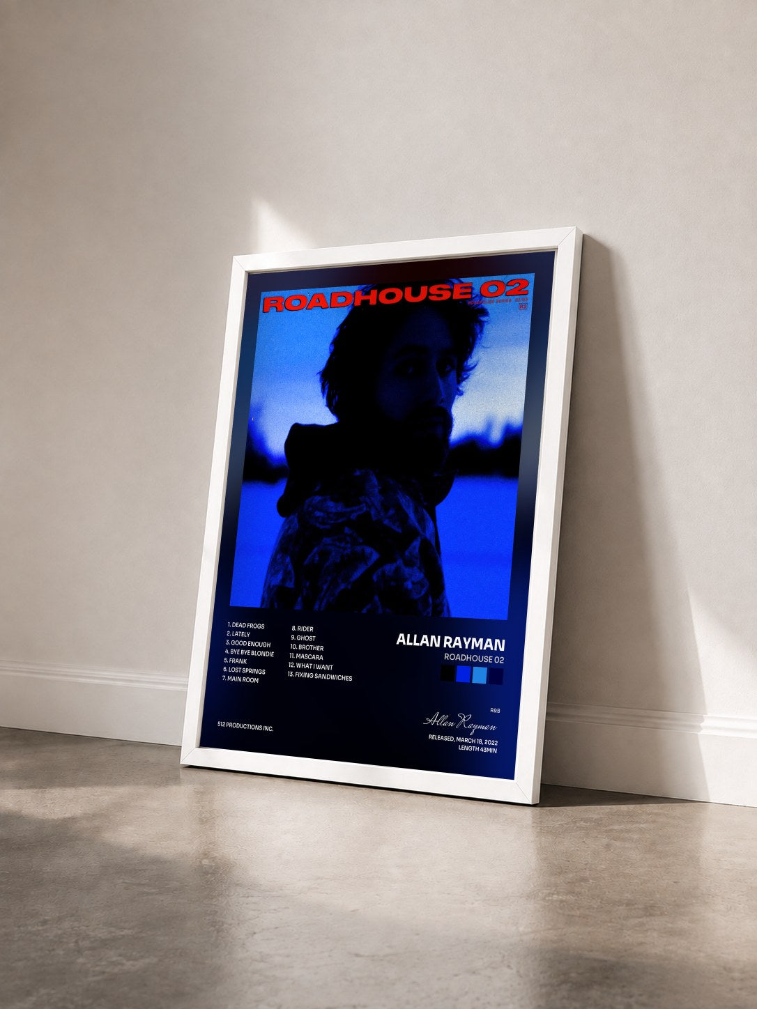 #blanc Tableau de l'album Roadhouse 02 de Allan Rayman vu de trois quarts, cadre blanc