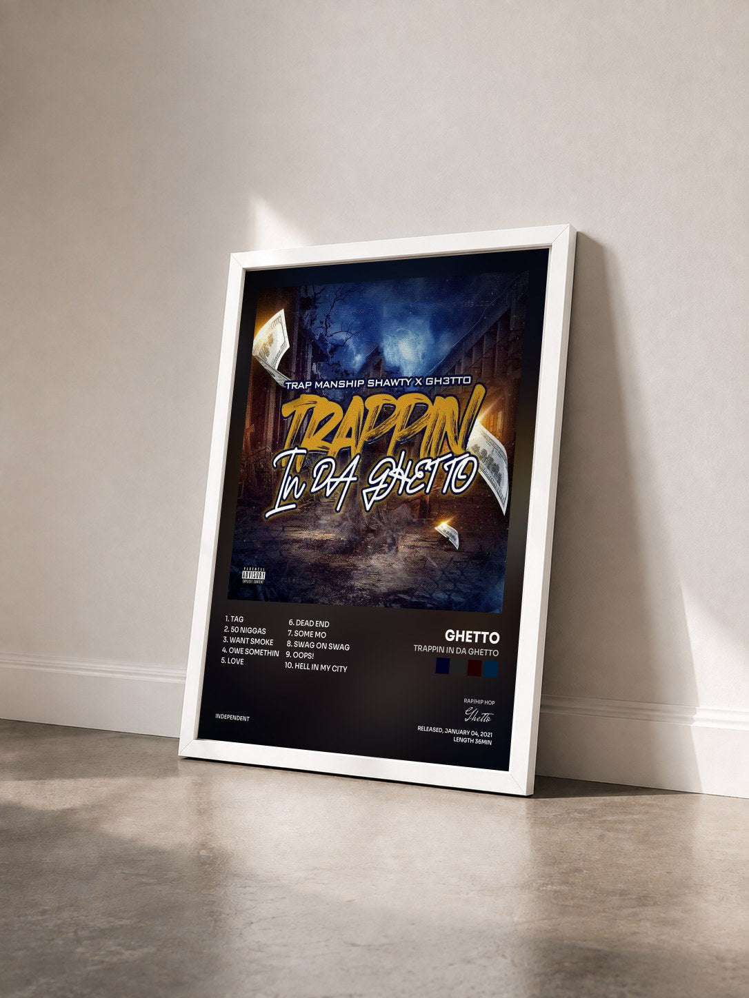 #blanc Tableau de l'album Trappin In Da Ghetto de Ghetto vu de trois quarts, cadre blanc