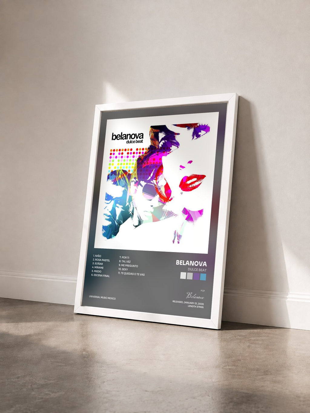 #blanc Dulce Beat by Belanova as a framed art print seen at an angle, white frame