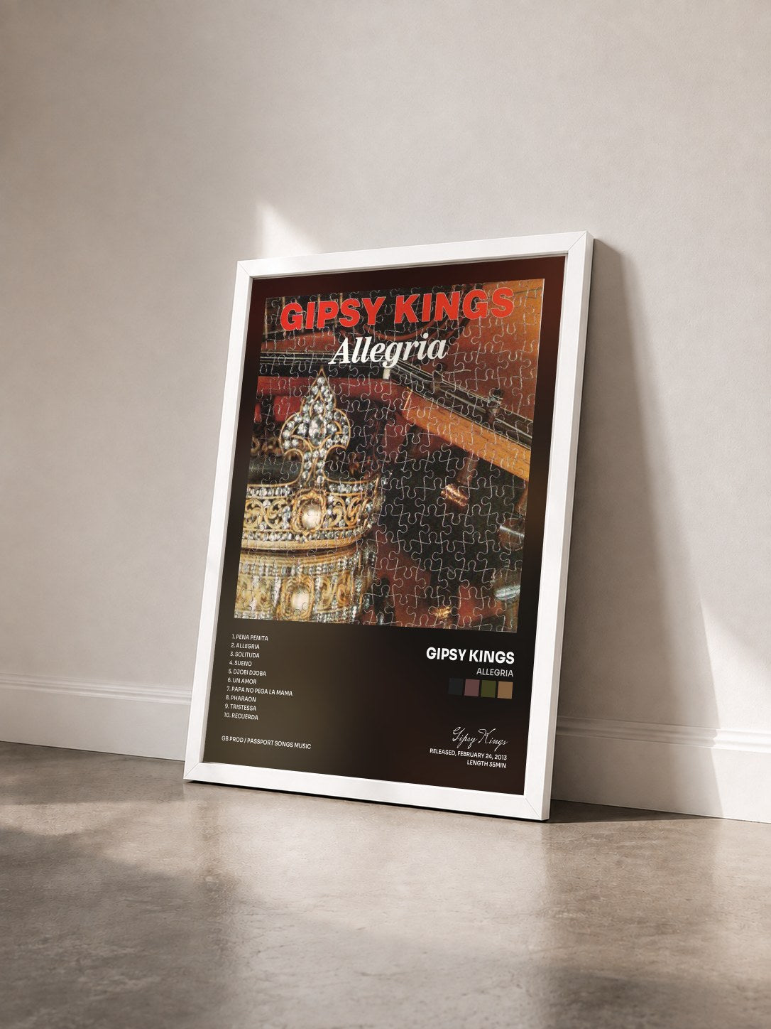 #blanc Tableau de l'album Allegria de Gipsy Kings vu de trois quarts, cadre blanc