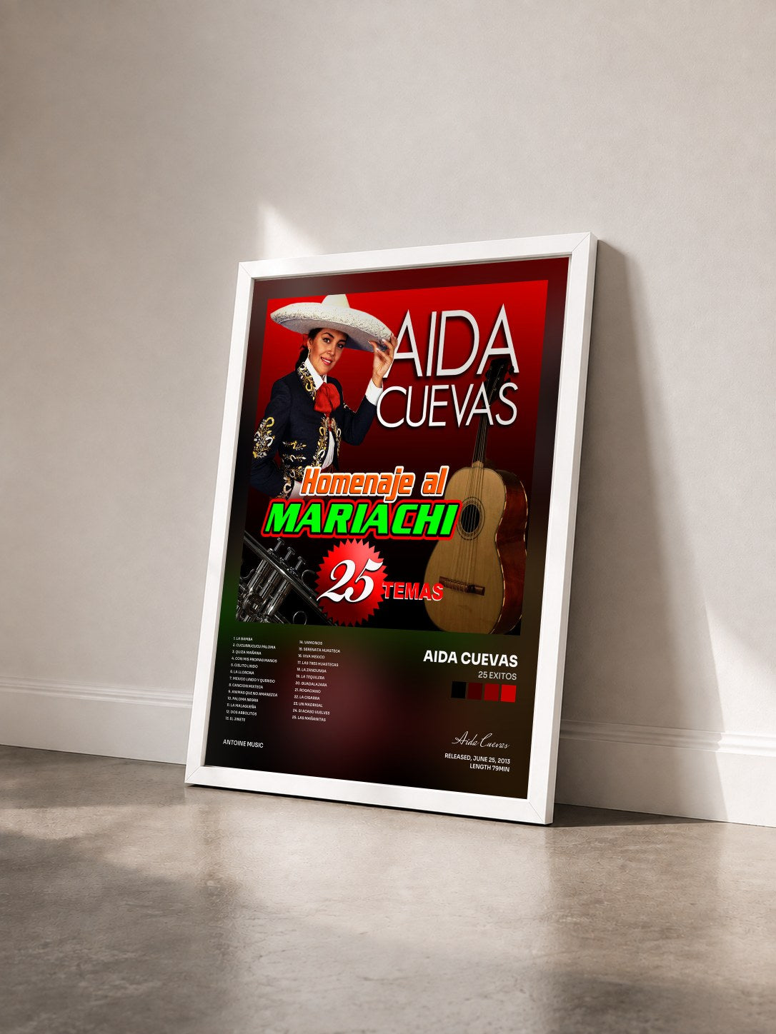 #blanc Tableau de l'album 25 Exitos de Aida Cuevas vu de trois quarts, cadre blanc