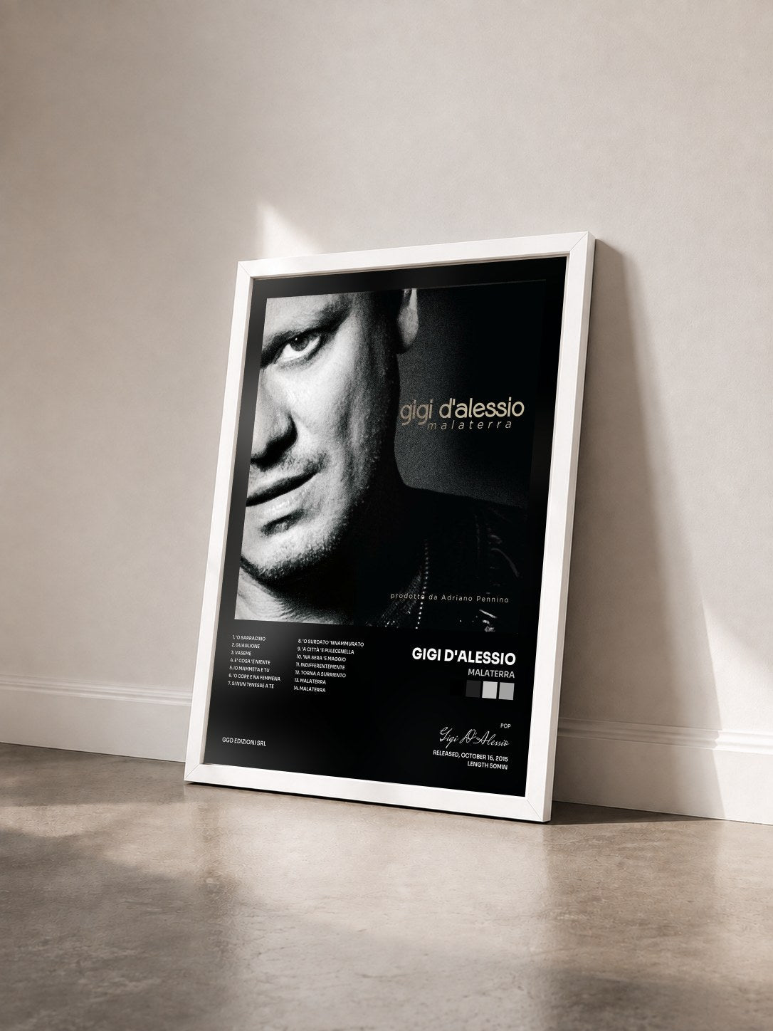 #blanc Tableau de l'album Malaterra de Gigi D'Alessio vu de trois quarts, cadre blanc