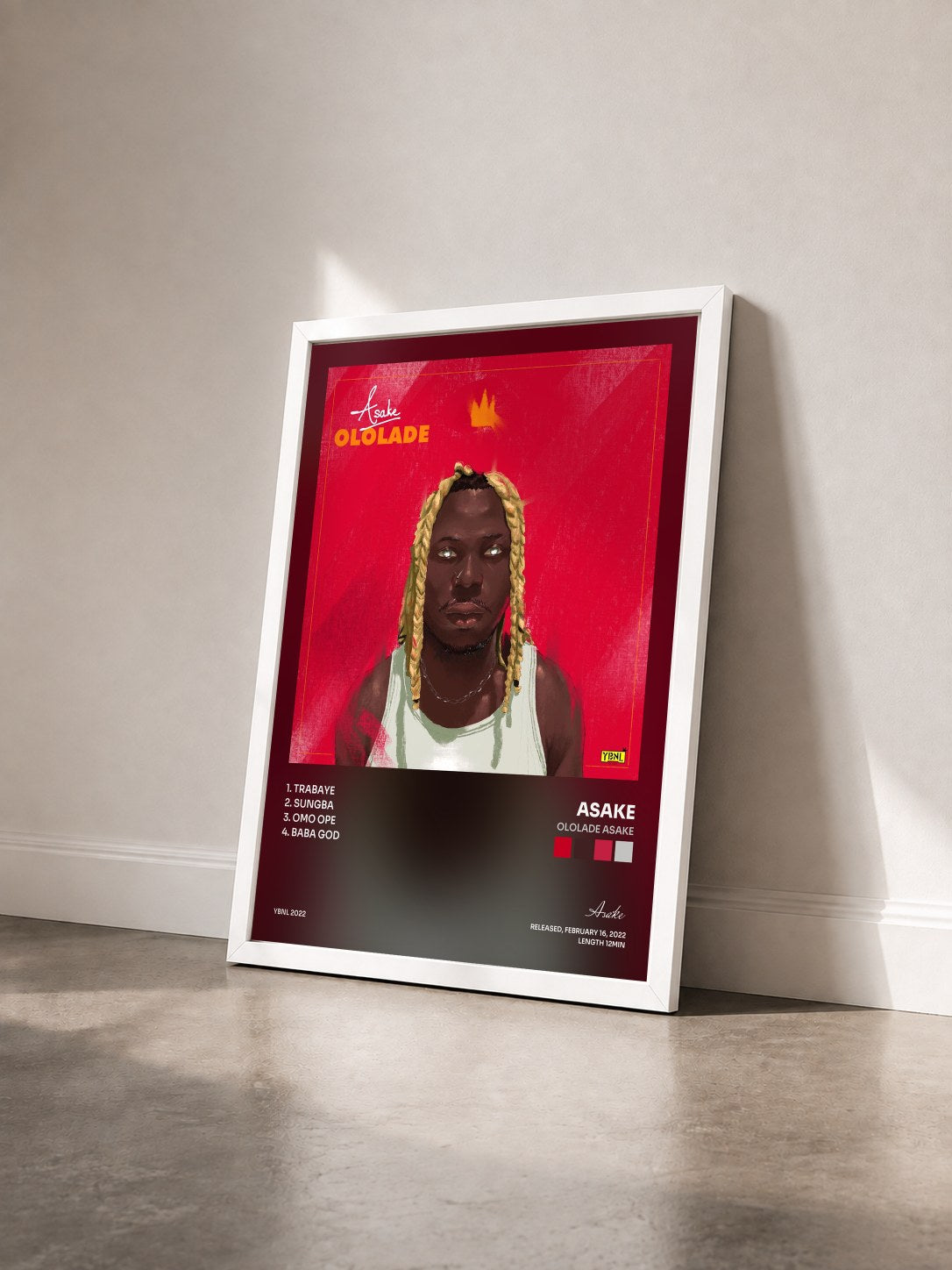#blanc Tableau de l'album Ololade Asake de Asake vu de trois quarts, cadre blanc