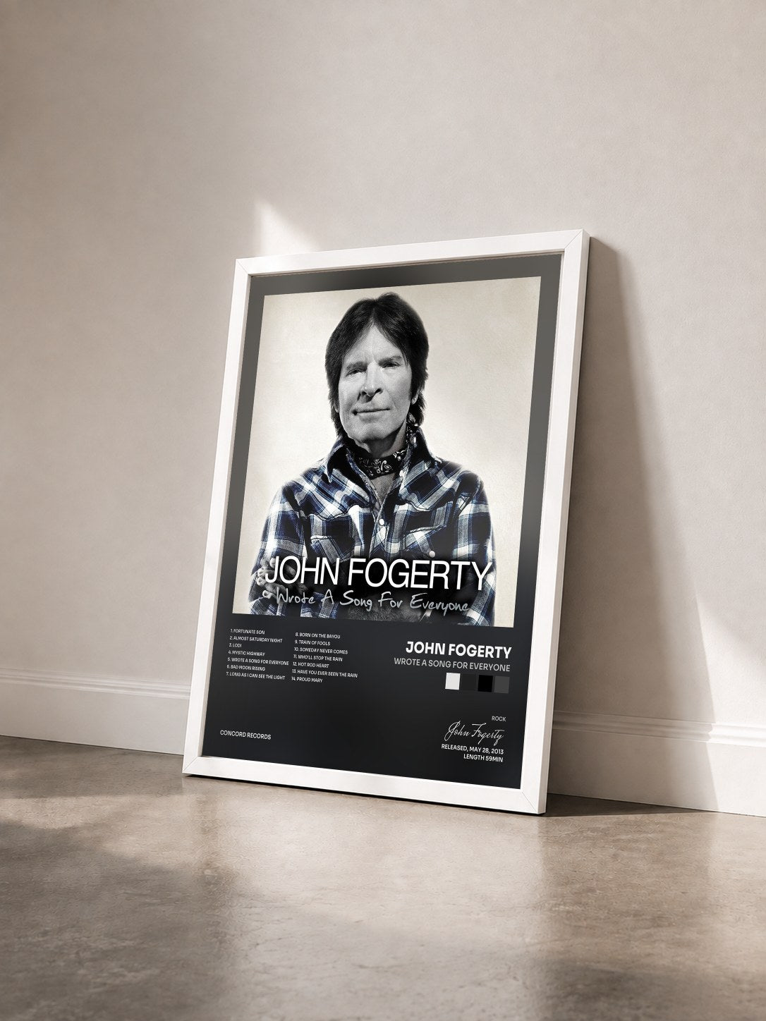 #blanc Tableau de l'album Wrote A Song For Everyone de John Fogerty vu de trois quarts, cadre blanc
