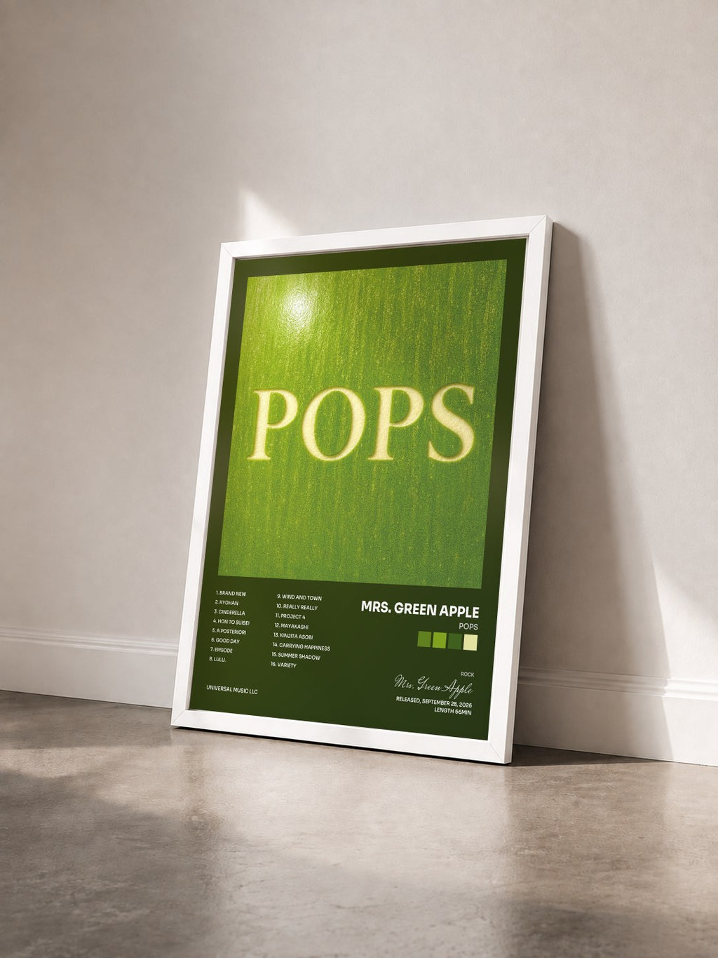 #blanc Tableau de l'album POPS de Mrs. Green Apple vu de trois quarts, cadre blanc