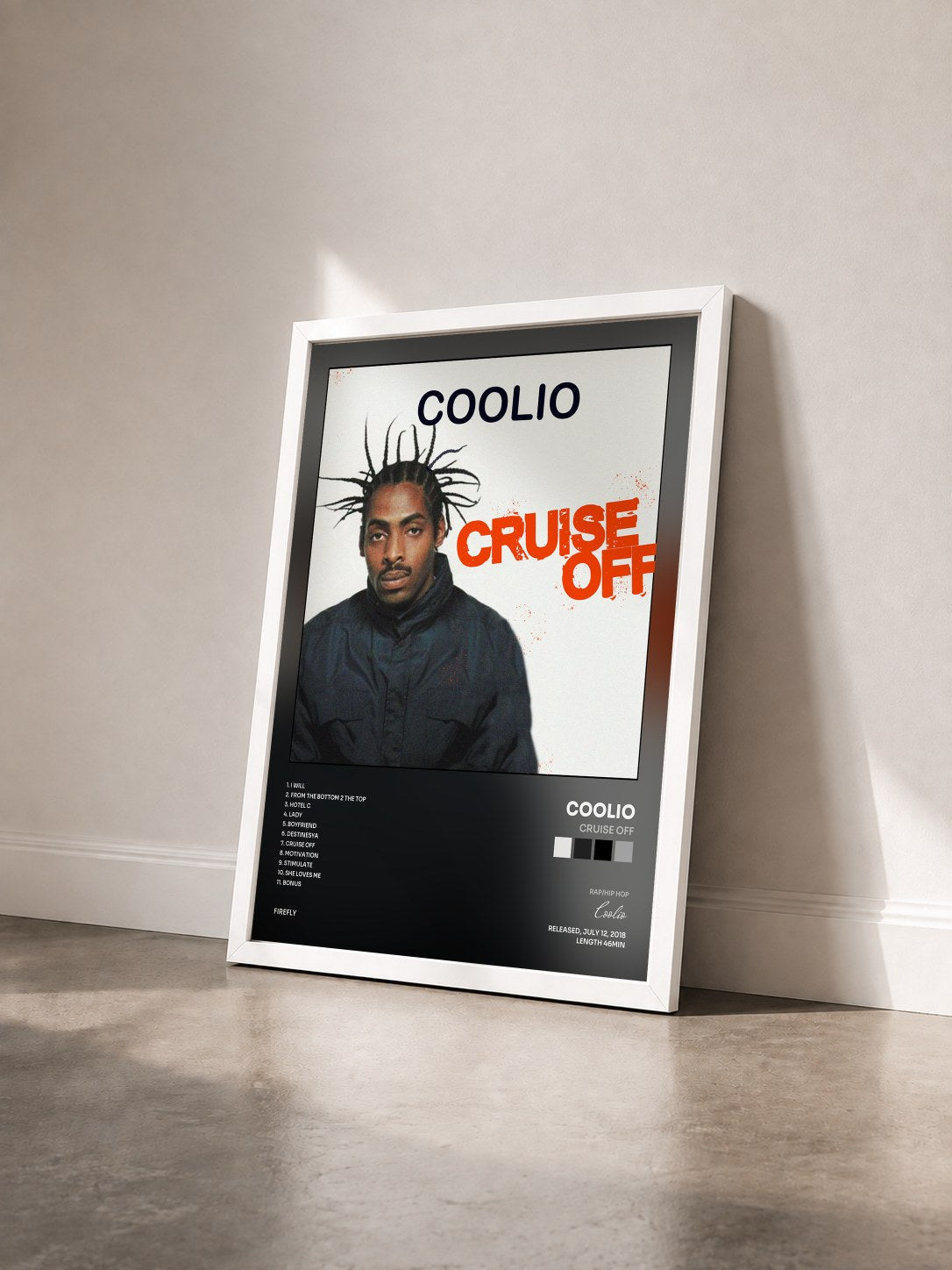 #blanc Tableau de l'album Cruise Off de Coolio vu de trois quarts, cadre blanc