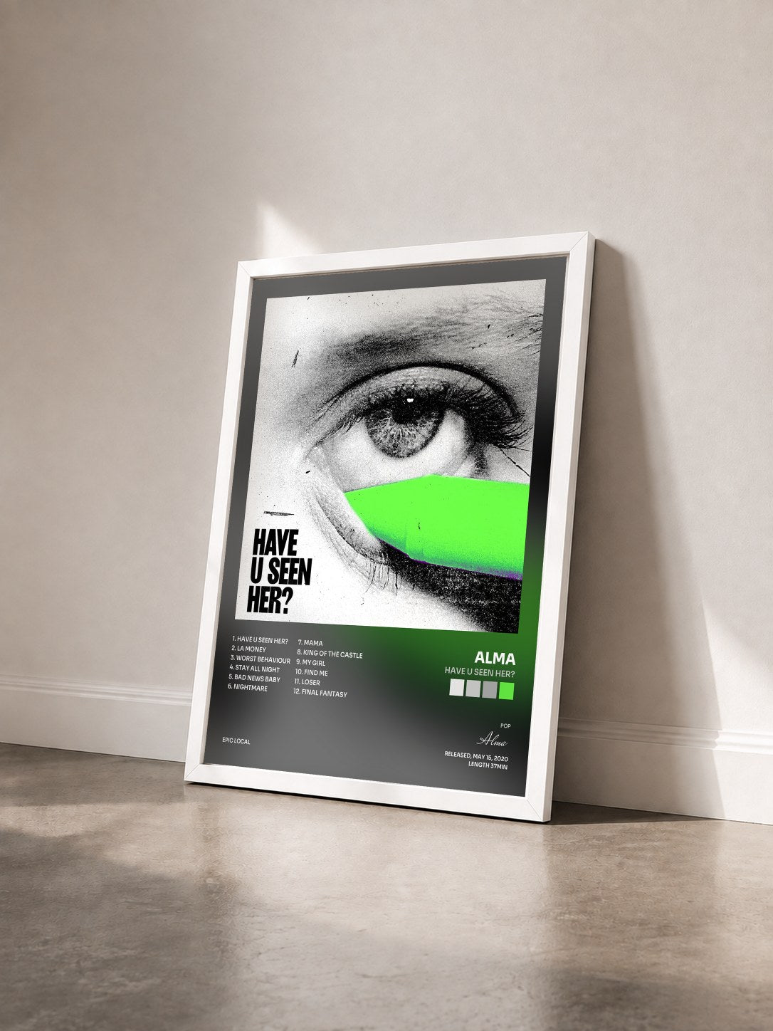 #blanc Tableau de l'album Have U Seen Her? de Alma vu de trois quarts, cadre blanc