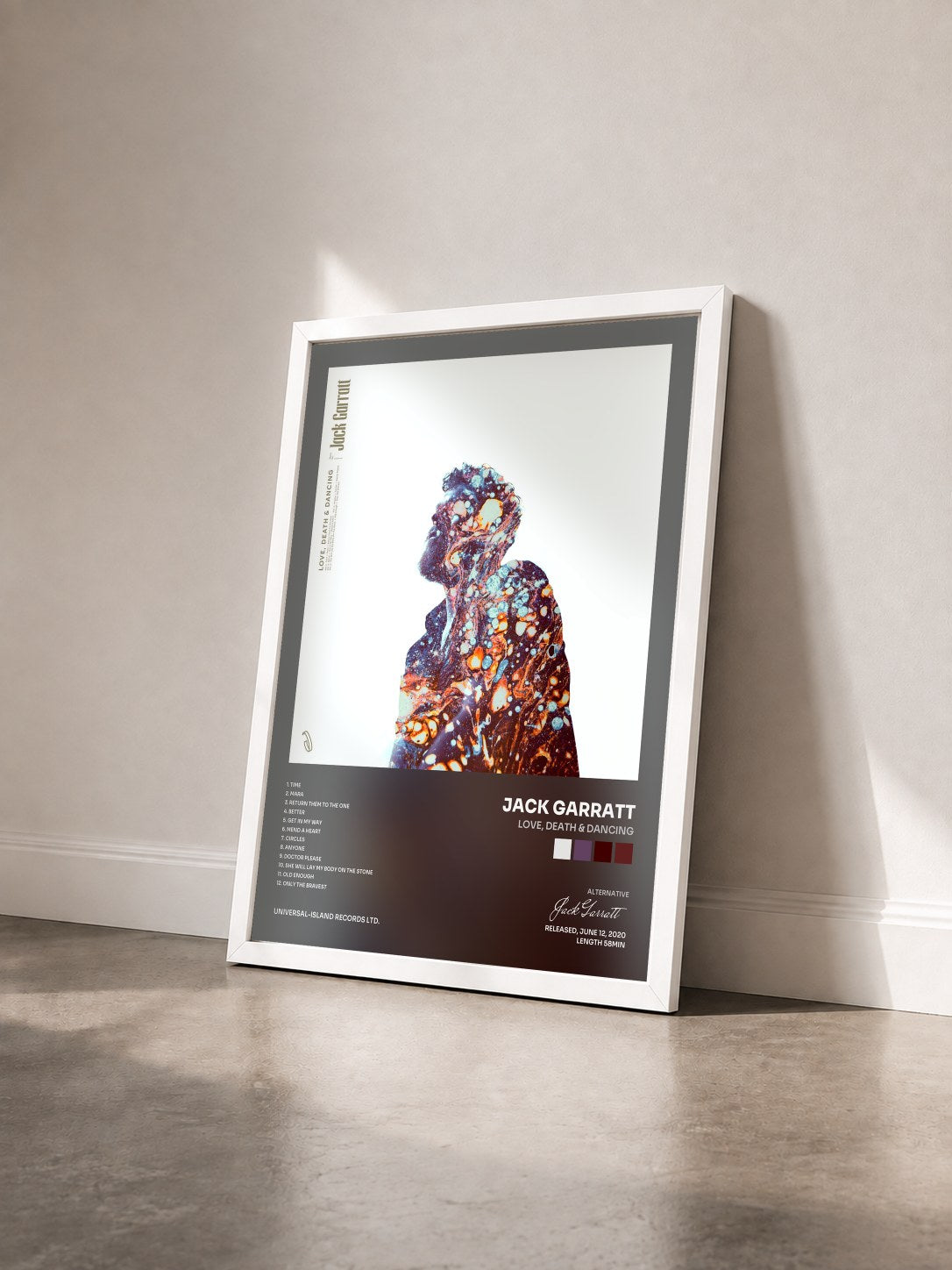 #blanc Tableau de l'album Love, Death & Dancing de Jack Garratt vu de trois quarts, cadre blanc