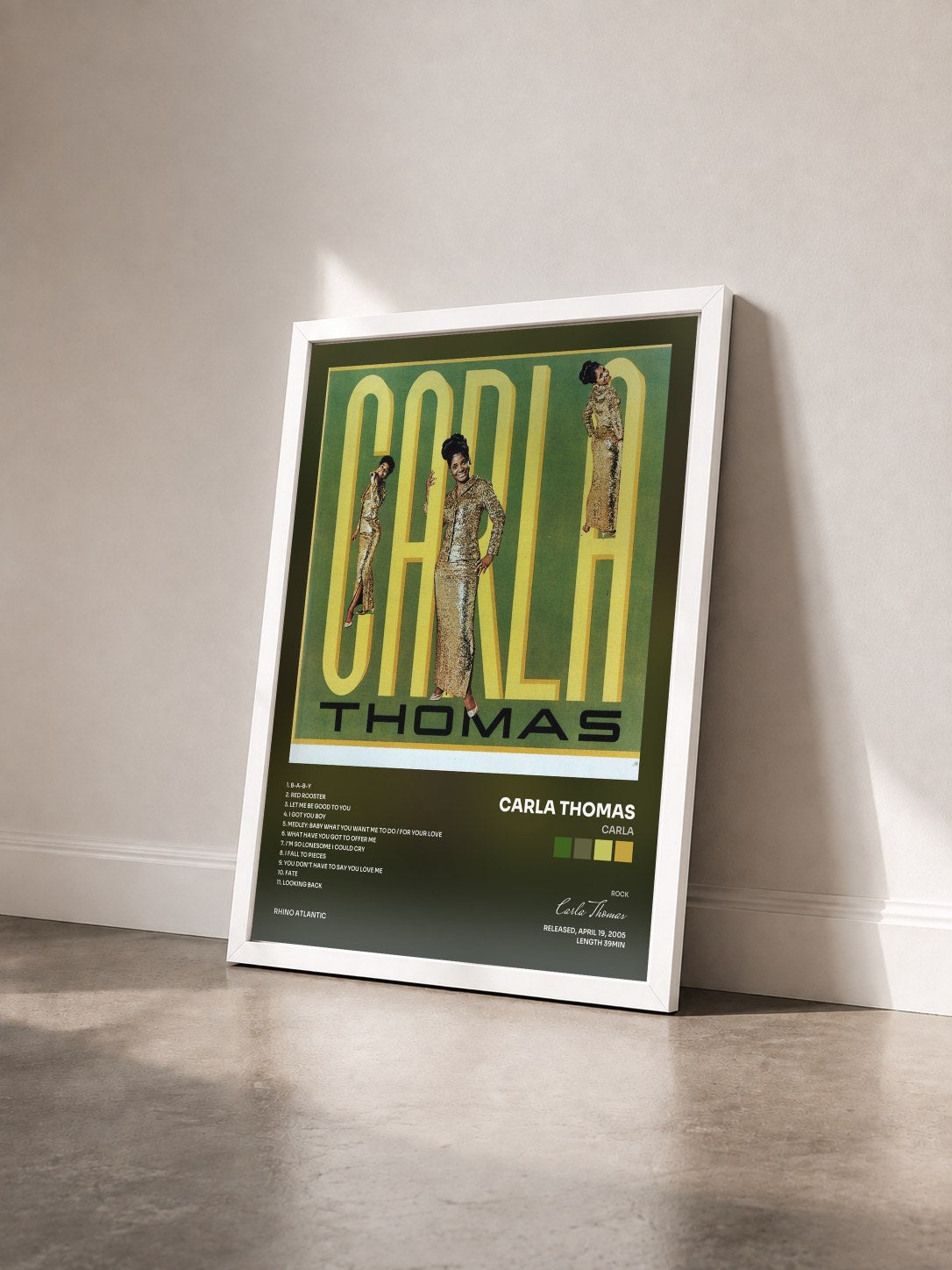 #blanc Tableau de l'album Carla de Carla Thomas vu de trois quarts, cadre blanc