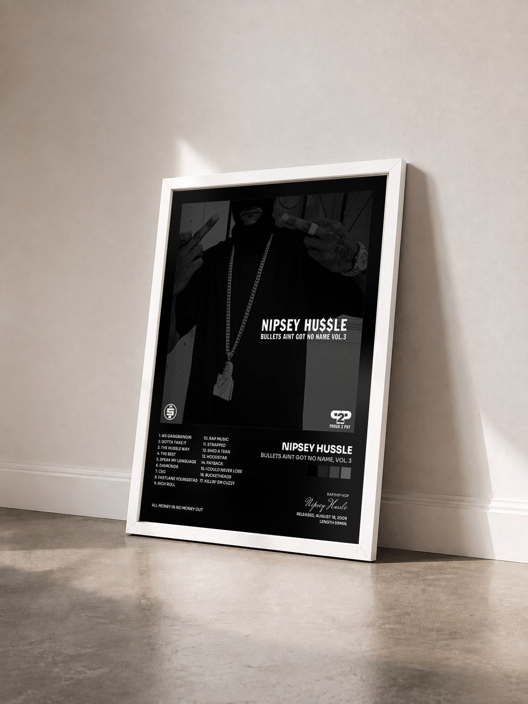 #blanc Tableau de l'album Bullets Aint Got No Name, Vol. 3 de Nipsey Hussle vu de trois quarts, cadre blanc