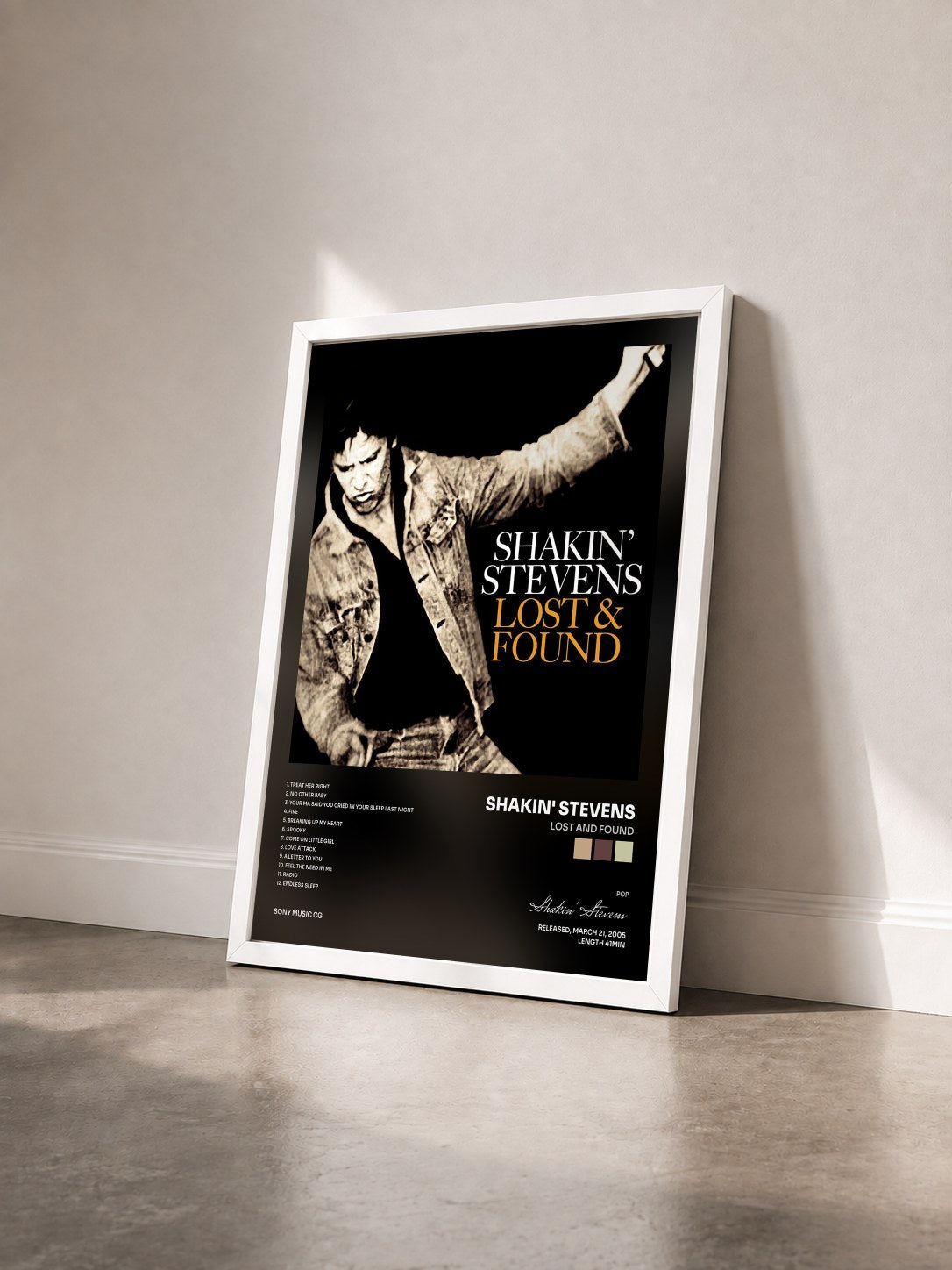 #blanc Tableau de l'album Lost And Found de Shakin' Stevens vu de trois quarts, cadre blanc